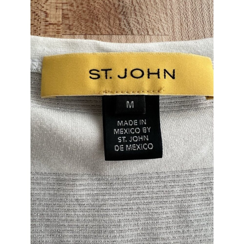 St John Women's Short Sleeve Stretch Knit Top Ivory Metallic Silver Stripe M - Picture 3 of 8